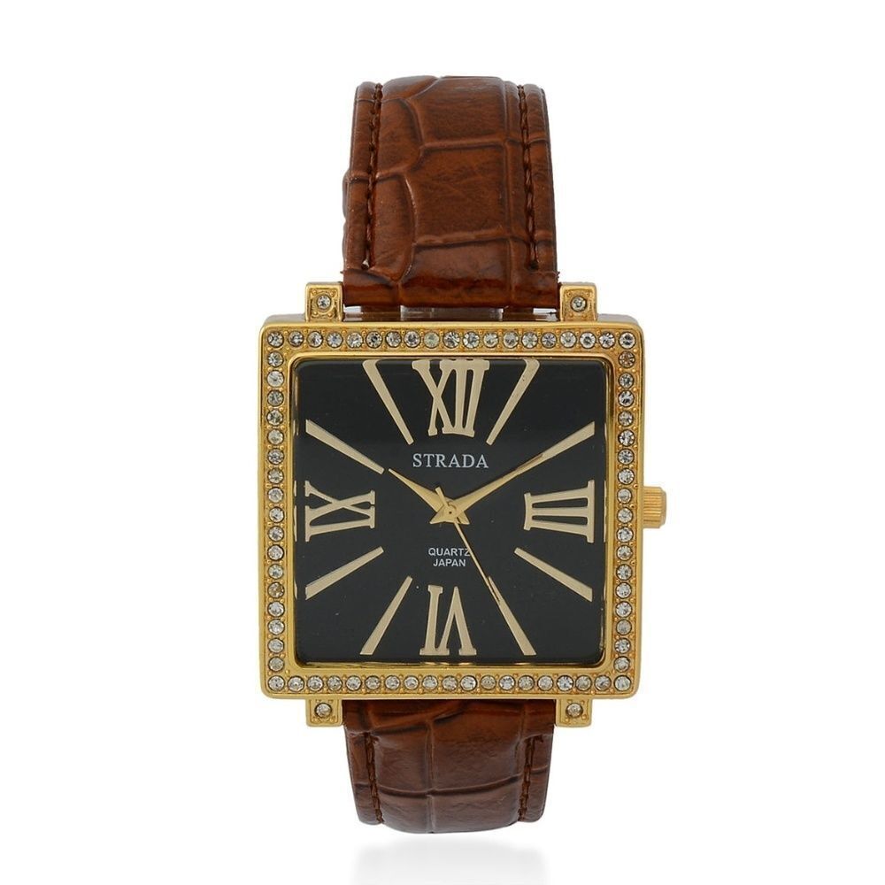 STRADA Watch Austrian Crystal Faux Band Brown